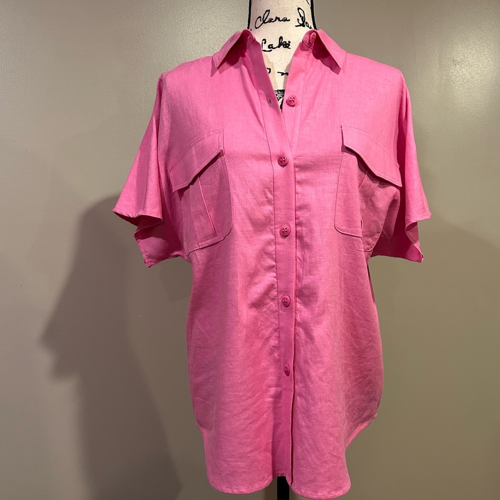 Trina Turk Vara Linen-Blend Point Collar Short Sleeve Cargo Pocket Coordinating